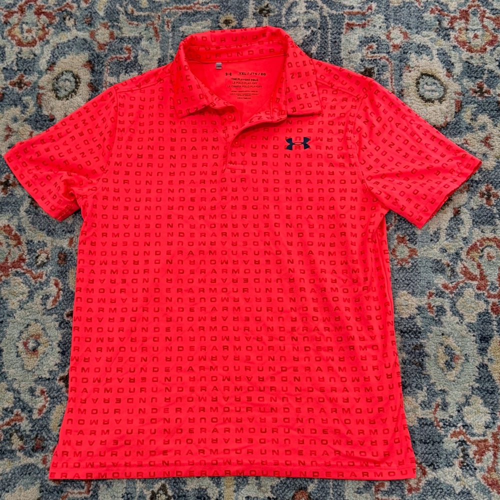 Under Armour Playoff Polo Boys YXL Coral Logo Print Performance Golf EUC
